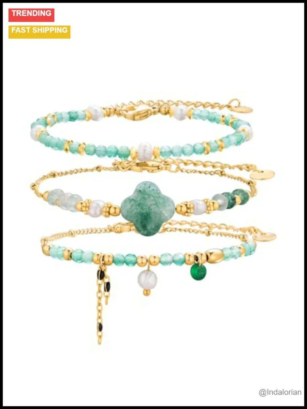 3PC Beaded Bracelet Set Stackable 14k Gold Plated Natural Stone